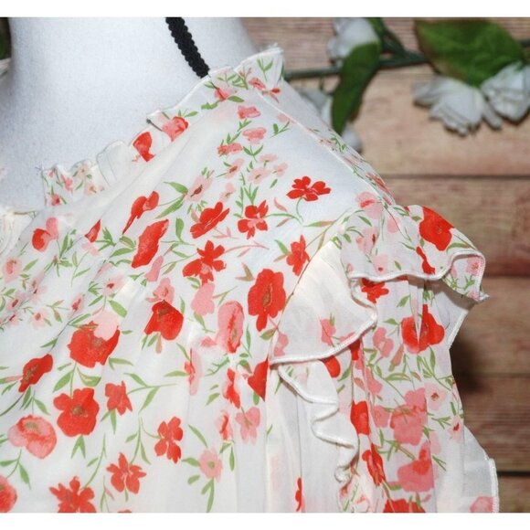 SUGARLIPS Love Bomb Blouse Size 2X Cream Floral Sheer Long Sleeve Ruffles Tie - Picture 6 of 12